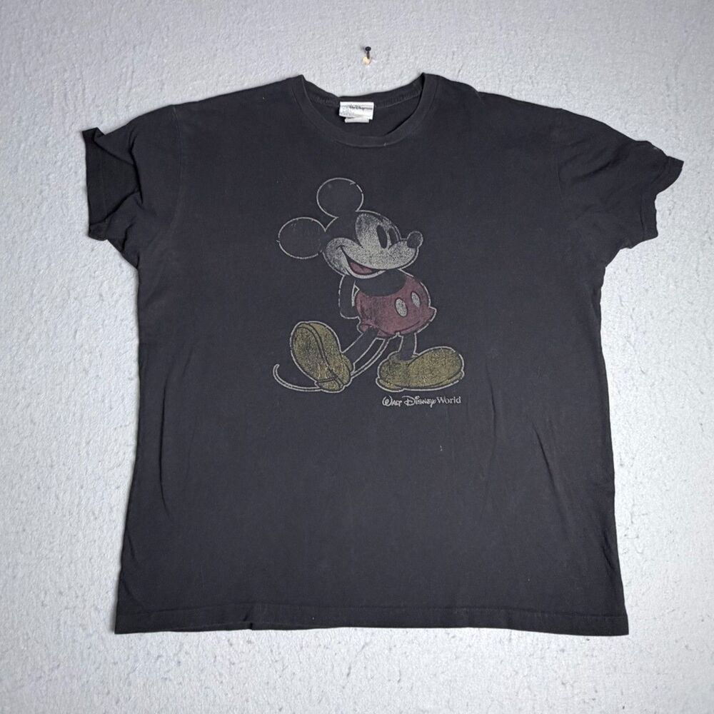 Y2K Walt Disney World Mickey Mouse T-Shirt Black XL Distressed Graphic
